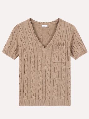 Minnie Rose Cotton Frayed Cable V Neck Tee with Pocket
